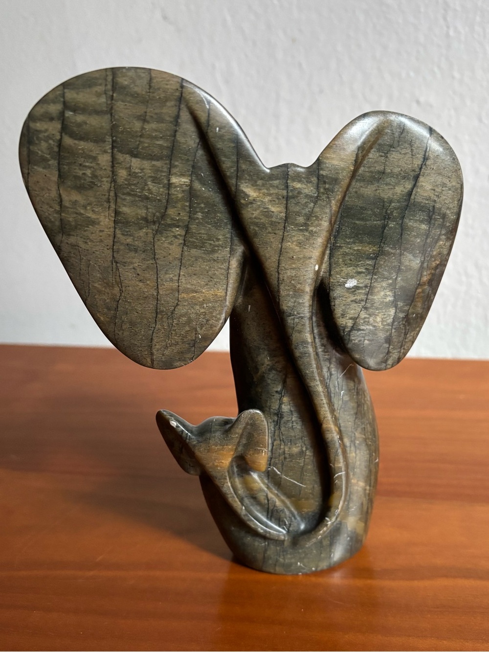 Polished Olive Green Stone Elephant Sculpture - Decorative Accent